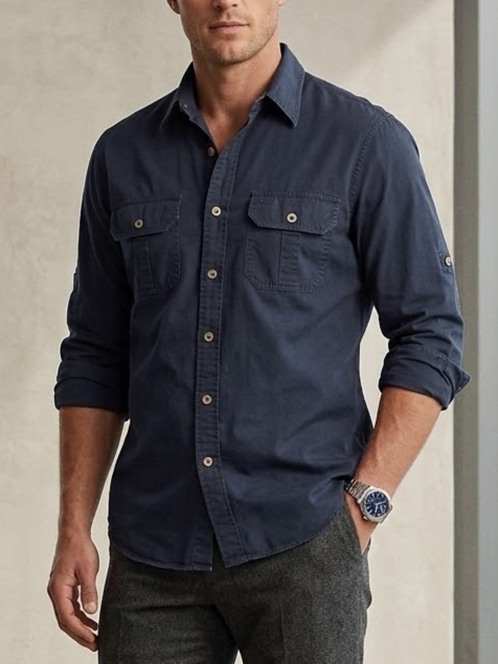 Lauren Ralph Lauren Navy Blue Cotton Utility Button Down Roll Tab Shirt Large